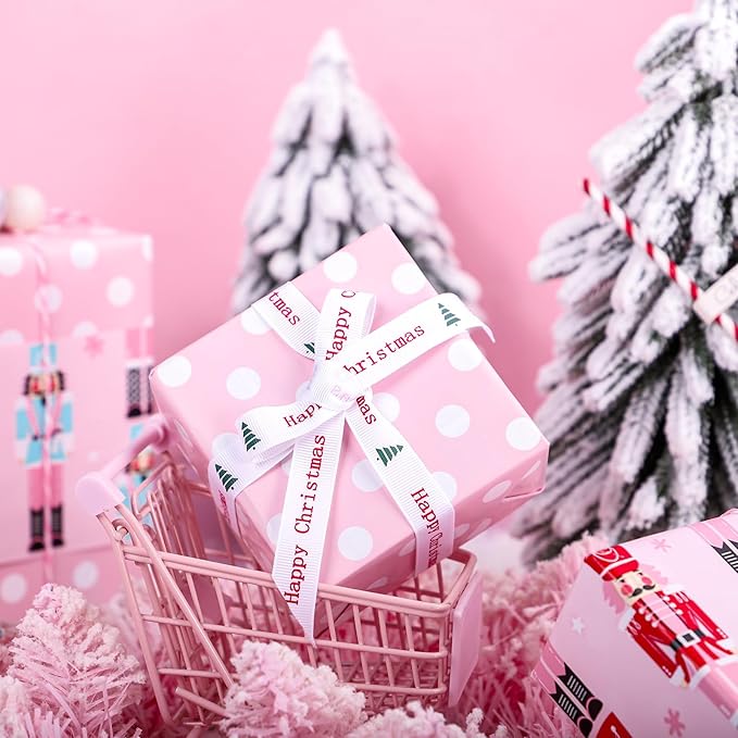 WRAPAHOLIC Reversible Christmas Wrapping Paper - Mini Roll - 17 Inch x 33 Feet - Pink Nutcracker Wrapping Paper and Polke Dot Design for Christmas, Holiday, Party Celebration