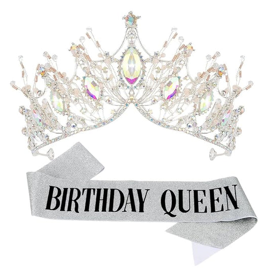 AOPRIE Birthday Queen Sash for Women Girls Birthday Tiara & Crowns for Girls Birthday Headbands for Women Happy Birthday Accessories Favor Supllies Black Silver, 2 Pack