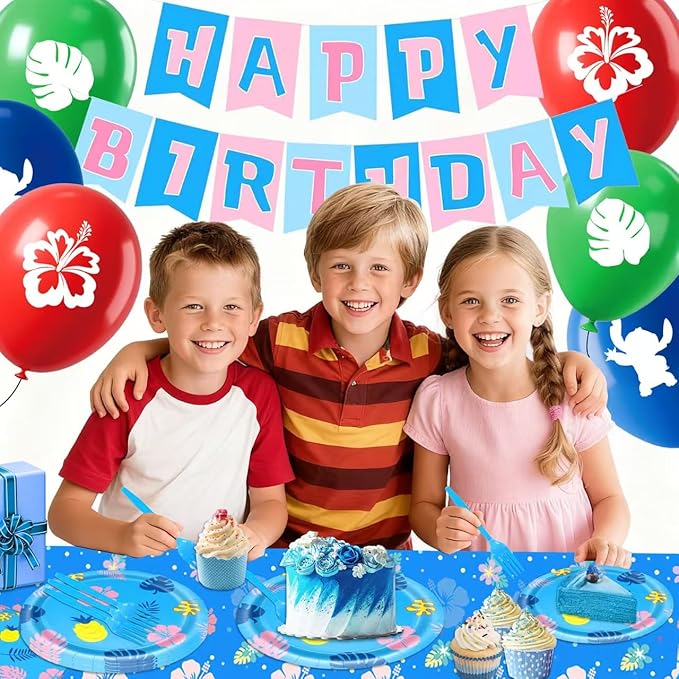 96 Pcs Hawaii Birthday Decorations Blue Hawaii Theme Party Decorations Set Serves 16 - Paper Plates and Napkins,Banners,Balloons,Tablecloths for Baby Shower,Boys Birthday Party Supplies