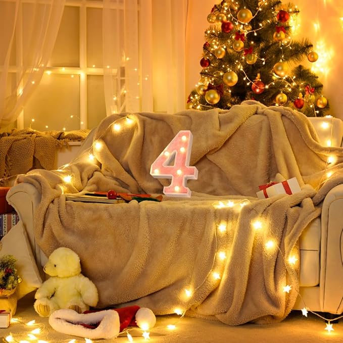 Marquee Light up Numbers 0-9, Battery Powered LED Light, Pink Glitter Plastic Sign, Night Light Decor for Graduation, Engagement, Wedding, Baby Shower, Birthday (Number 4)