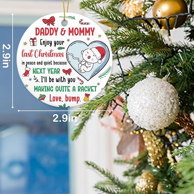 Funny Christmas Baby Pregnancy Announcement Ornament New Parents Gifts for Couple Him Her New Mom Dad to Be Babys First Christmas Heart Ceramic Xmas Tree Ornament Decorations Boy Girl