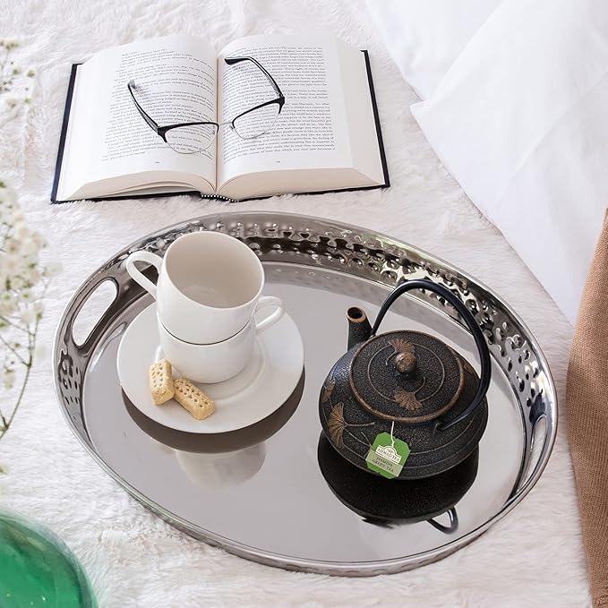 Monarch Abode Hand Hammered Metal Serving Tray with Handles, 17-Inch Black and Nickel Finish – Oval Serving Platter, Large Serving Tray for Party, Fruit Platter, Dessert Trays, Serving Dishes