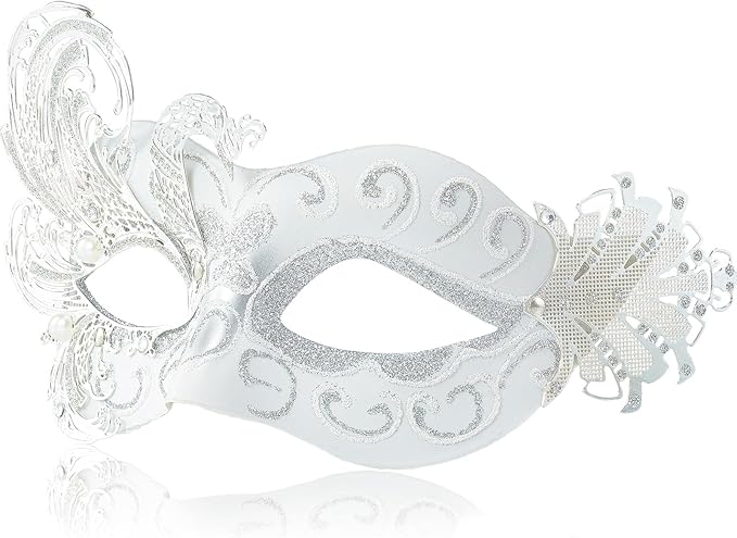 2025 New White Masquerade Mask for Women-Peacock Metal Masquerade Venetian Mask Silver- Masks for Women Butterfly - Mardi Gras, Halloween Parties, Costume Party, Carnivals, Wedding