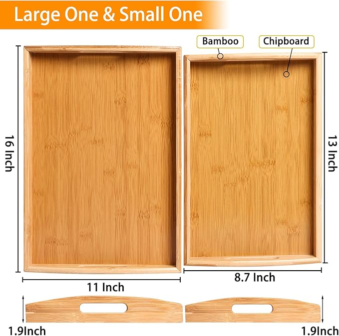 2 Pack Bamboo Serving Tray with Handles, Portable Bed Tray for Breakfast Dinner, Eating Trays for Living Room,Restaurants
