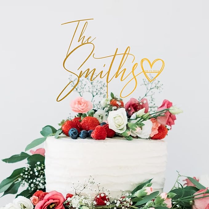 Noni Luxury Personalized Wedding Cake Topper with date and heart, Custom Couples Script Cake Topper for Weddings, Rustic Cake Topper, Mr and Mrs Cake Toppers for Wedding, Custom Cake topper