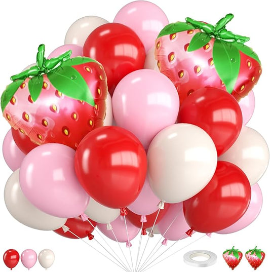 Strawberry Balloons,12 Inch Red and Pink Balloons with Strawberry Foil Balloon for Sweet One Birthday Baby Shower Strawberry Fruit Themed Party Decorations
