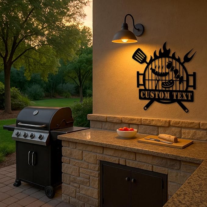 Custom BBQ Grill Metal Sign, Personalized Barbecue Plaque with Fire and Utensils Design, Outdoor Patio Yard Wall Art, Rustic Grill and Smoker Decor, Gift Idea for Birthday, Christmas, Holiday BBQ