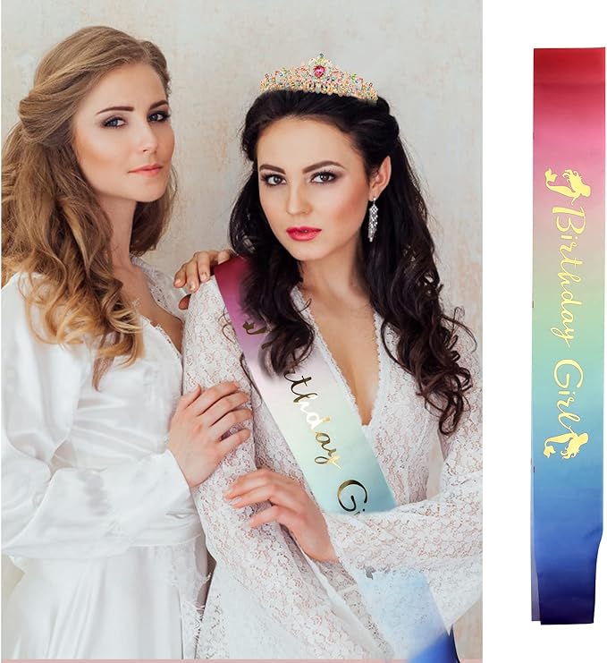 VELSCRUN Birthday Tiara & Crown Set - Princess Sash, Happy Birthday Girl Tiara, Party Decorations & Gifts
