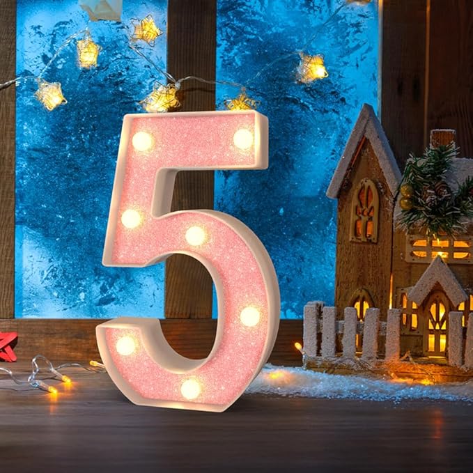 Marquee Light up Numbers 0-9, Battery Powered LED Light, Pink Glitter Plastic Sign, Night Light Decor for Graduation, Engagement, Wedding, Baby Shower, Birthday (Number 5)