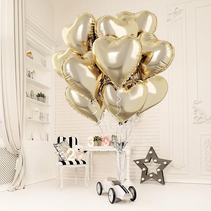 Pastel Gold Heart Balloons - 10 Pcs 18 Inch Light Yellow Foil Heart Mylar Balloons for Birthday, Wedding, Baby, Valentine's Party
