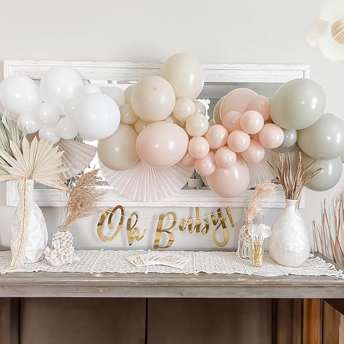 Neutral Balloons Arch Kit, Cream Peach Boho Balloons Garland with Double Stuffed Sand White Balloon and Light Pink Balloon for Baby Shower Birthday Wedding Bridal Shower Party Decorations