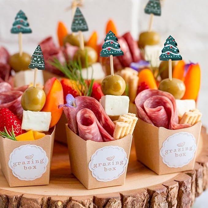 PuTwo Christmas Tree Cocktail Picks 4.7 Inch 100pcs Bamboo Fancy Skewers Toothpicks for Appetizers Food Drink Fruit Sandwich BBQ Christmas Party Charcuterie Boards Accessories Party Supplies