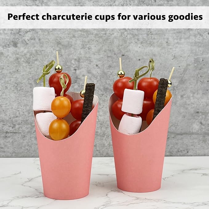 CAMKYDE 50 Charcuterie Cups + 200 Cocktail Picks + 56 Labels, 12 oz Disposable Charcuterie Cups with Sticks (2 Types), French Fry Cup Pink Paper Appetizer Cup for all Occasions (Pink)