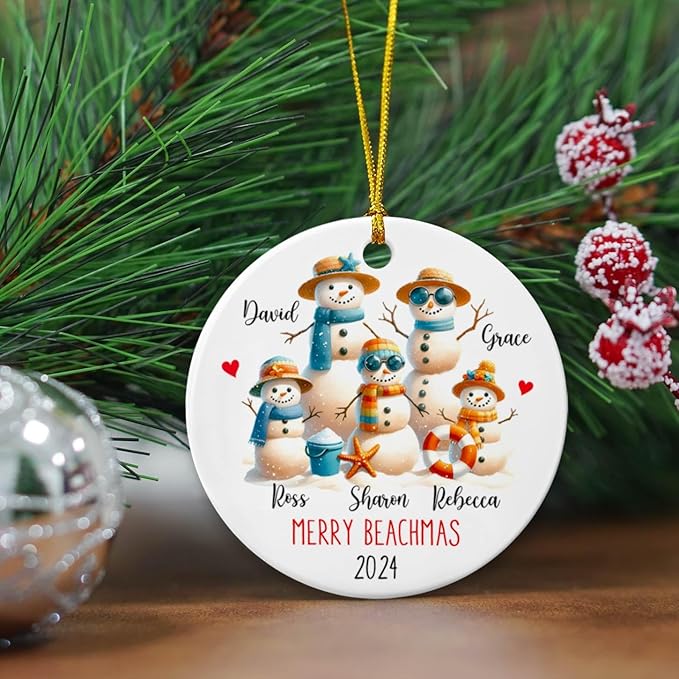 Personalized Snowman Family Beach Vacation Ceramic Ornament, Merry Beachmas, Custom Names, Xmas 2025