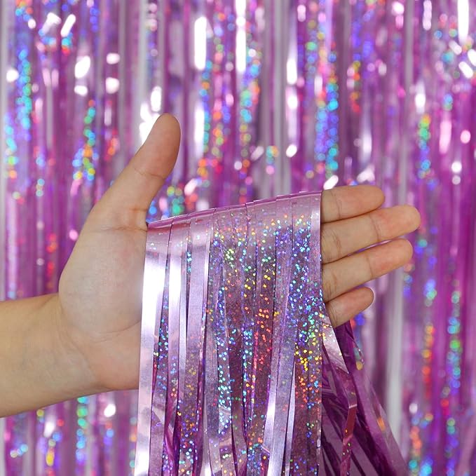 Melsan 3 Pack 3.2 x 8.2 ft Sparkling Pinkish Purple Tinsel Fringe Curtain Backdrop k pop Demon Hunters Party Decorations Glitter Decor for Birthdays, Bachelorette, Weddings, Photo Booth