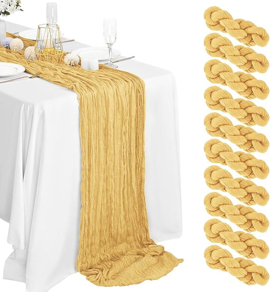 10 Packs Cheesecloth Table Runner Gold, 10Ft x 35" Sand Gauze Boho Wedding Table Runner Decoration, Wedding Table Decor Table Cloth for Wedding Party Bridal Shower Table