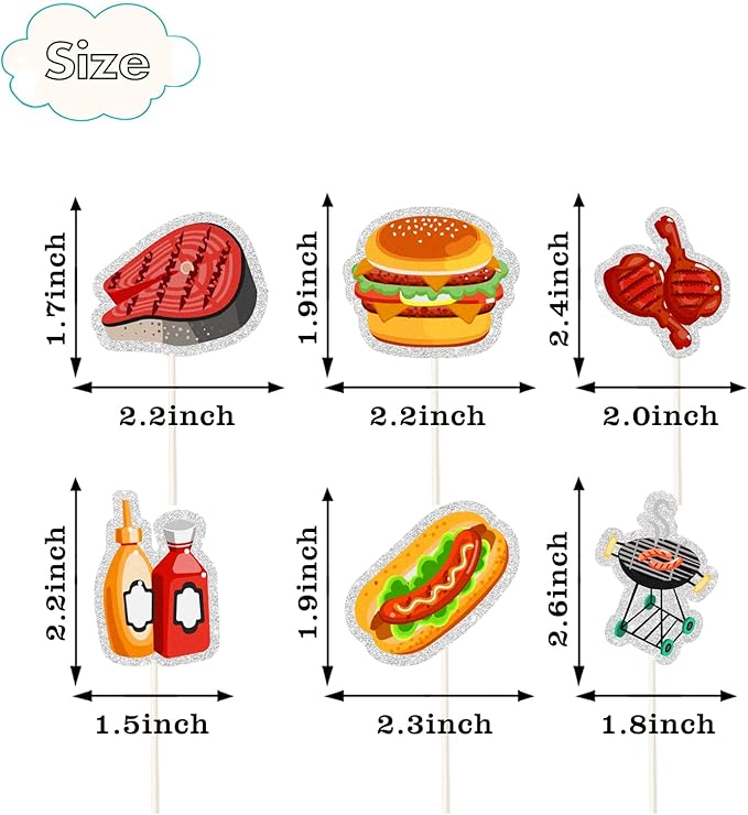 18Pcs BBQ Theme Cupcake Toppers - BBQ Time Summer Cupcake Decorations - Grilling Barbeque Burgers - Friends Family Activity Gathering Holiday Party Decorations