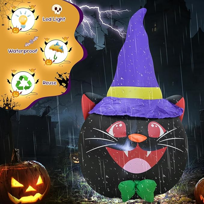 4FT Cat Head Halloween Inflatable Decoration Halloween Parties Holiday Decor Blow Up Decorations with LED Lights Indoor Outdoor Yard Graden Decor