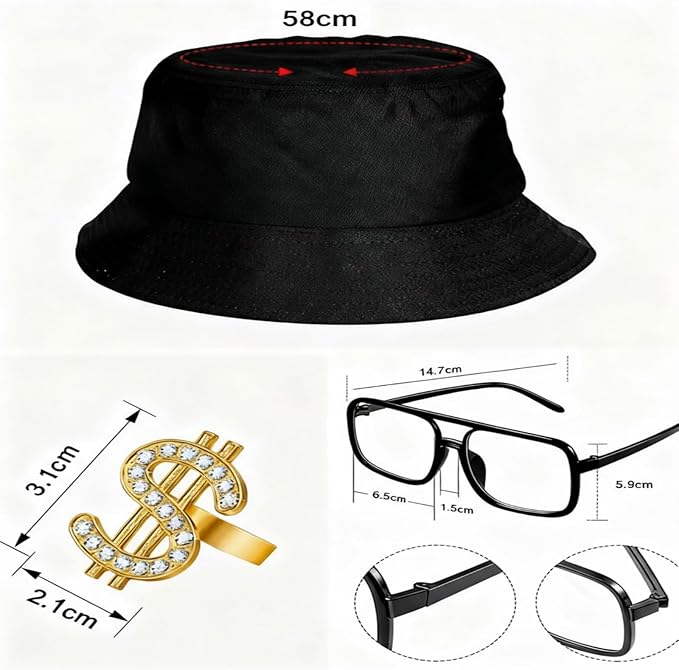 Gejoy Hip Hop Costume Kit 80s 90s Rapper Accessories Outfit for Men Women Sunglass Hat Chain Ring Halloween Party Decoration