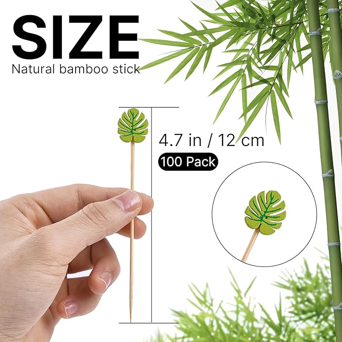 PuTwo Picks 100 Counts 4.7" Bamboo Wooden Decorative Sticks for Appetizers Fancy Cocktail Party-Green Leaf Toothpicks, Palm Leaves