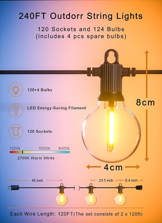 Outdoor String Lights Waterproof, 240FT Patio Lights with 124 Shatterproof G40 Globe Bulb(4 Spare), Connectable Dimmable Hanging LED String Lights for Outside Backyard Porch Balcony(120FTx2)