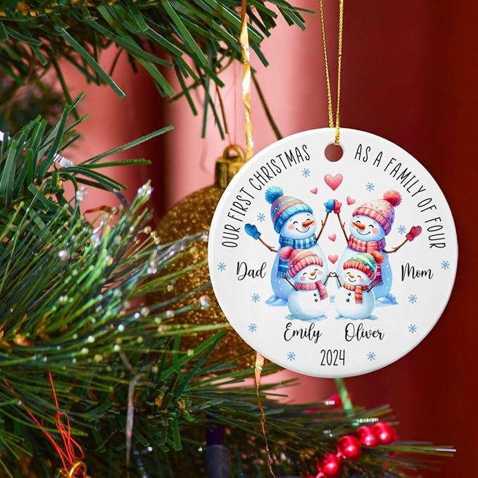 Our First Christmas as A Family of Four Ornament, Personalized Family of 4 Snowman Ceramic Ornament Xmas 2025, 1st Xmas as Family of 4 Snowman Keepsake Gifts, Custom Names Snowman Family Ornament