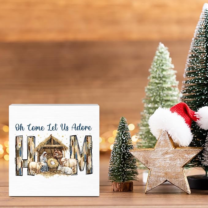 Oh Come Let Us Adore Him Sign Christian Christmas Decorations Religious Bible Gifts for Women Men Baptism Decorations for Home Desk Table Shelf 5 X 5 Inch