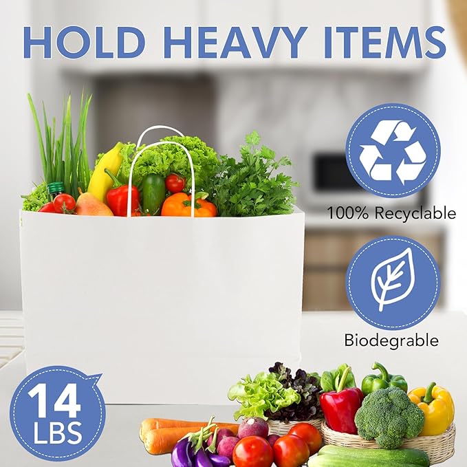 XPCARE 100Pcs 16x6x12 Inches Large Paper Bags with Handles Kraft Paper Bag Gift Bags with Handles Shopping White Paper Bag for Business Merchandise Wedding Party Favors