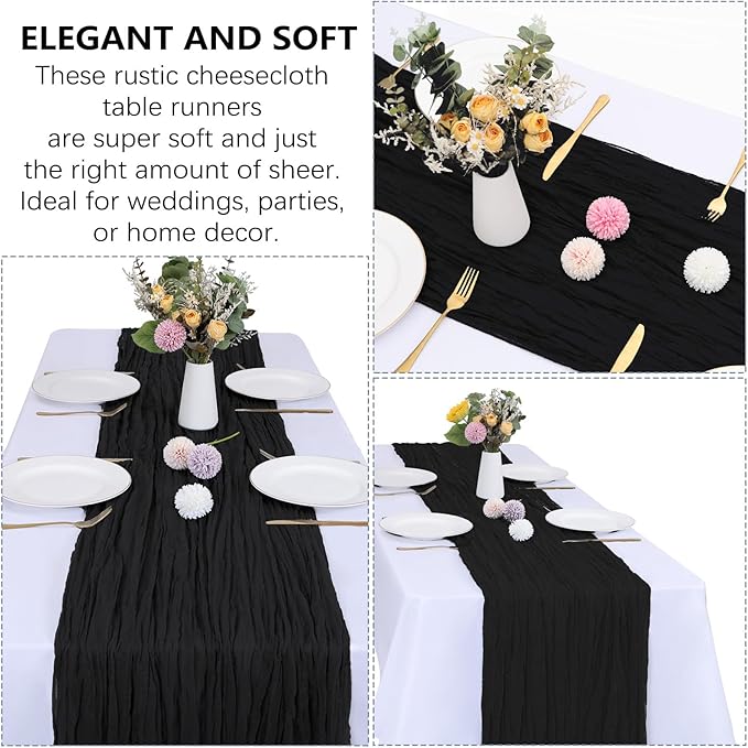 12 Pack Black Table Runner Cheesecloth 10FT Boho Gauze Fabric Table Runner 35 x 120 Inch Rustic Sheer for Centerpiece Wedding Decor Baby Shower Party Boho Decoration(Black)