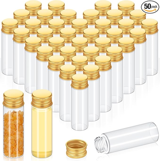 50 Pcs Small Clear Vials Spice Mini Jars with Lids Mini Glass Bottles with Screw Aluminum Metal Caps Tiny Jars Sample Containers for Powder Cream Cosmetic Jewelry Wedding (15ml,Gold Caps)