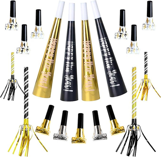 50pcs New Years Eve Decorations Black, Gold & Silver Party Blowers, New Years Eve Party Supplies 2026 Noisemakers for Kids & Adults Nye Decorations