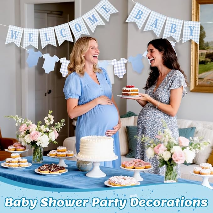 Baby Boy Shower Drcoration - Pre-strung Welcome Baby & Bodysuit Banner - Blue Baby Shower Decor for Boy, Gender Reveal, Photo Prop, Baby Boy Shower Door Sign﻿