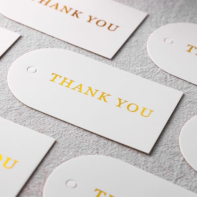 SallyFashion 120PCS Thank You Gift Tags, White Gold Stamping Tags Hanging Labels with Ribbon for Party Favors Birthday Baby Shower White