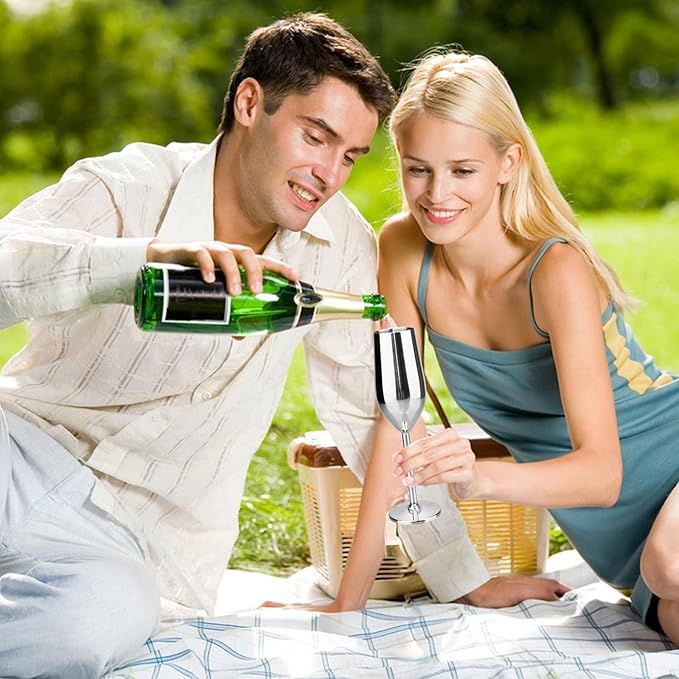 TJ Unbreakable 8 Oz Stainless Steel Champagne Flutes (2 Pack)- Silver Champagne Glasses - Reusable Indoor Outdoor Drinkware - Keeps Drink Cool for Longer - Gift Idea