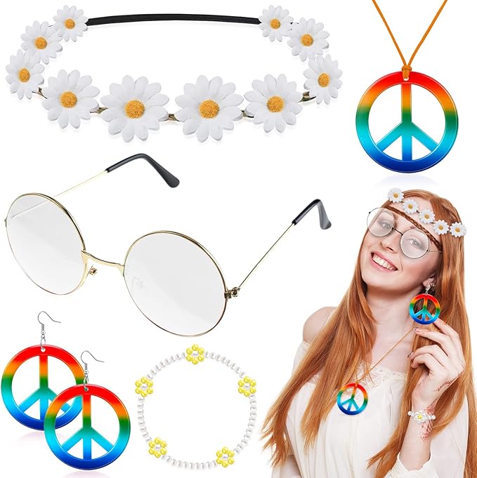 Batiyeer 6 Pcs Hippie Costume Accessories Set, Boho Peace Sign Daisy Flower 60s 70s Party Favors Decor for Groovy Party Women(White)