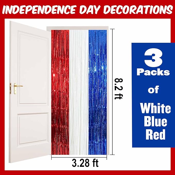 3 Pack White Blue Red Foil Fringe Curtains Backdrop, 3.28 x 8.2 Ft Metallic Streamers Tinsel Curtains Background for Photo Booth, Birthday, Christmas, Halloween, New Year Party Decorations