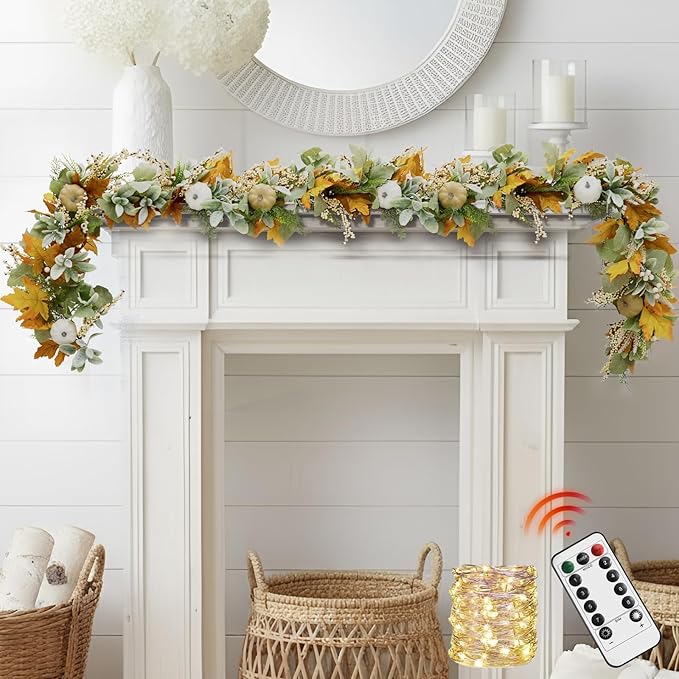 Fall Mantel Garland Decor for Home - 6 Ft Autumn Leaves Table Garlands with Lights Decorations for Thanksgiving and Halloween Leaf Centerpieces for Bedroom Tables Stair Porch Outdoor Farmhouse