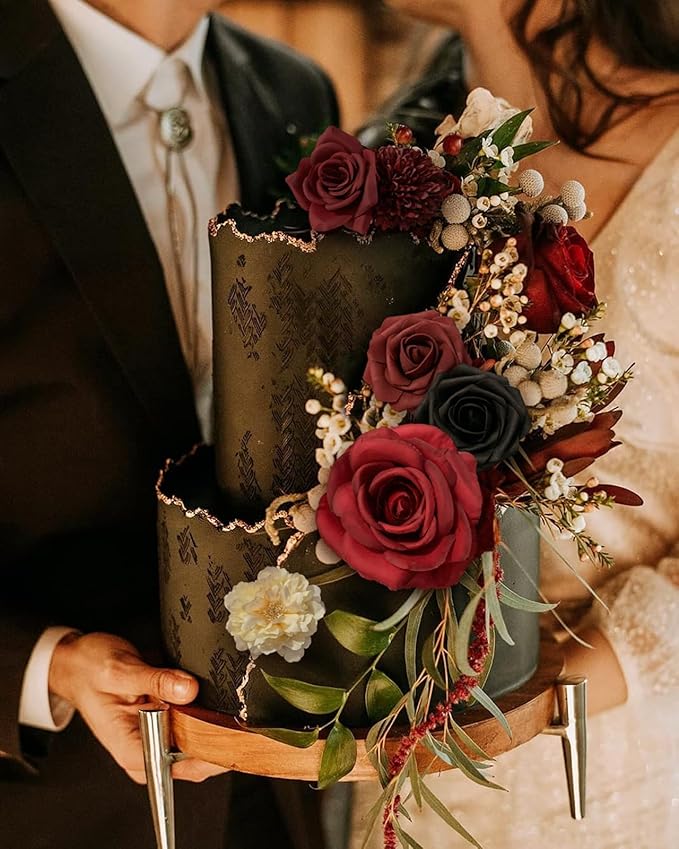 Roses Artificial Flowers Burgundy Fake Flower Bulk with Stems for DIY Wedding Bouquet Bridal Baby Shower Centerpiece Table Decorations Silk Faux Floral Arrangements Party Home Decor Red Black