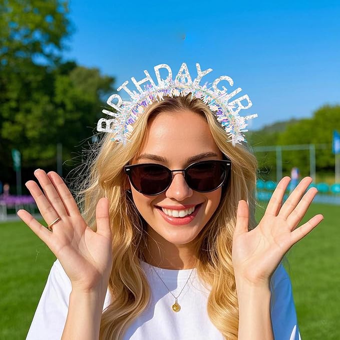 Jaciya Birthday Girl Glitter Headband for Women Girls Sparkling Silver Party Hair Accessories with Confetti Tinsel