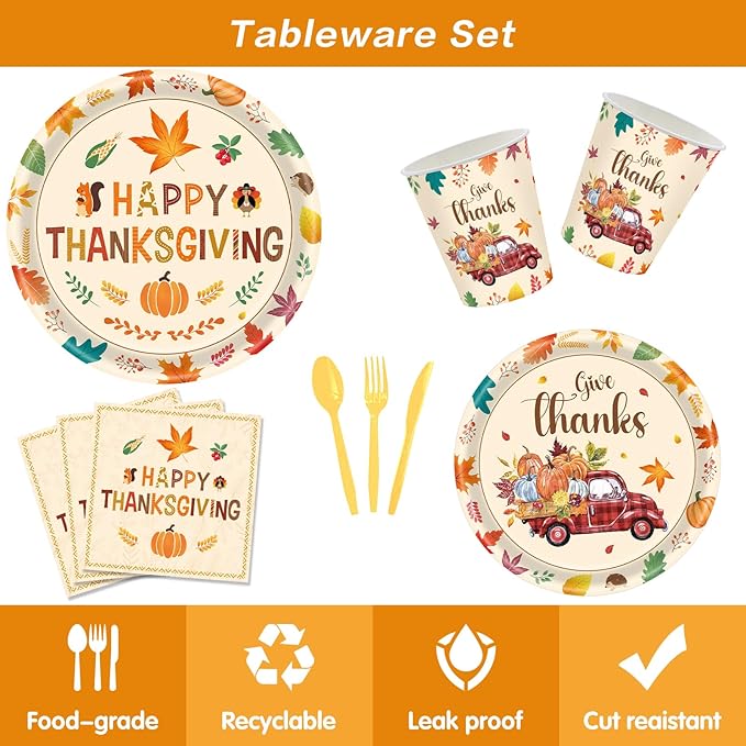 140pcs Thanksgiving Party Decorations Happy Fall Maple Leaves Plates and Napkins Tableware Set for Fall Harvest Thanksgiving Birthday Halloween Party Decorations