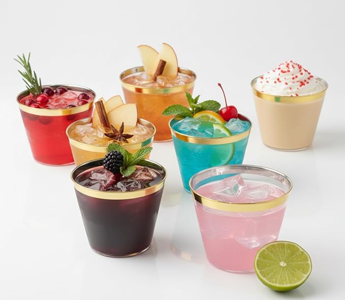 Perfect Settings 110 Gold 1 Line Clear Plastic Cups 9 Ounce- Holiday Wedding Party Elegant Trimmed Disposable Cups - Fancy Wedding Cups