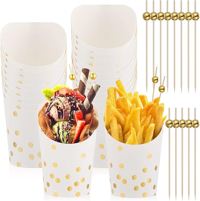 14 oz Charcuterie Cups Disposable French Fries Holder French Fry Paper Cups Gold Polka Dots Popcorn Boxes and 4.7 Inch Cocktail Picks Gold Pearl Bamboo Skewers for Party(White,200 Pcs)