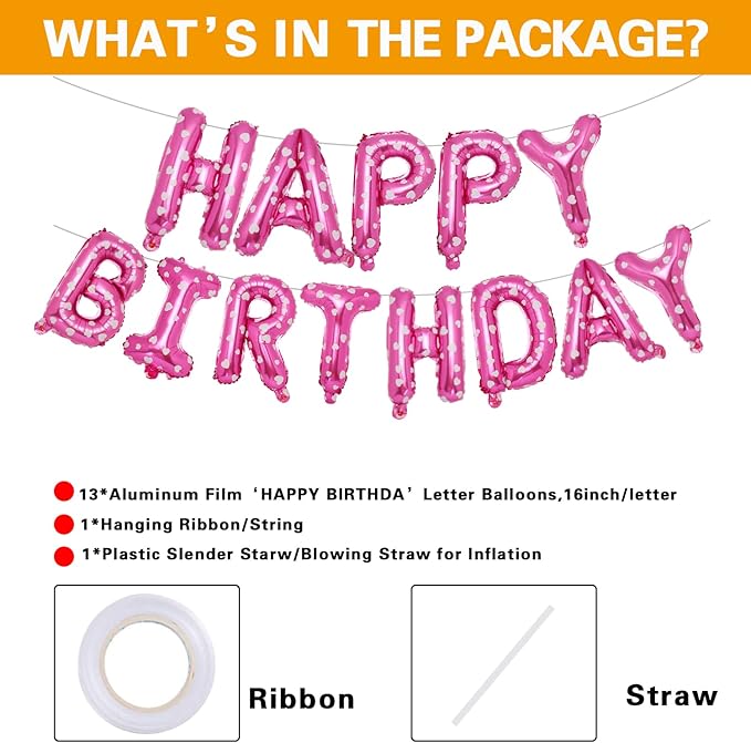 Accevo Pink Happy Birthday Banner,16 Inch Mylar Foil Letters Balloons Heart Pattern Balloons Happy Birthday Balloon for Kids, Child, Adults, Boys & Girls Birthday Party Decorations Happy Birthday Sign