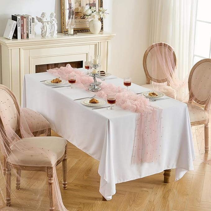 Fanami 6 Pack Pearl Table Runner -10FT Dusty Pink Boho Tulle Table Runners 120 Inches Long Rustic Sheer Lace Fabric Centerpieces for Wedding Arch Birthday Party Bridal Veil Baby Shower Decorations