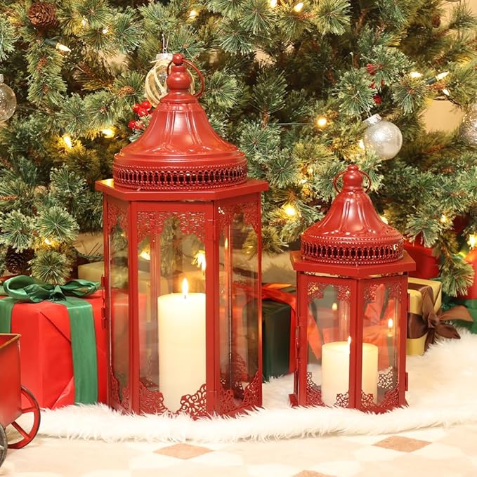 NEEDOMO Christmas Decorations Set of 2, 22''/15'' Christmas Lantern with Glass Panels for Home Decor, Decorative Hanging Lantern Indoor Outdoor for Xmas Table Centerpieces, Porch, Patio(Red)