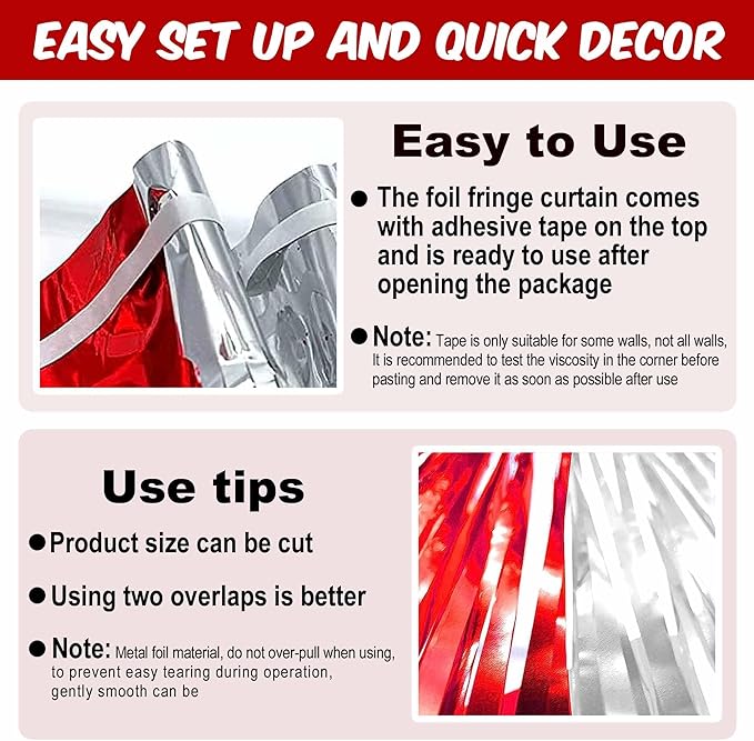 6 Pack Red and Silver Foil Fringe Curtains Backdrop, 3.28 x 9.8 Ft Metallic Streamers Tinsel Curtains Background for Photo Booth, Birthday, Halloween, Christmas, New Year Party Decorations