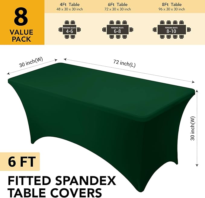 8-Pack Premium Hunter Green Spandex Tablecloths for 6ft Rectangle Tables, Stain & Wrinkle-Resistant, Washable Stretch Polyester Fitted Table Cover for Weddings, Banquets, Trade Shows Events