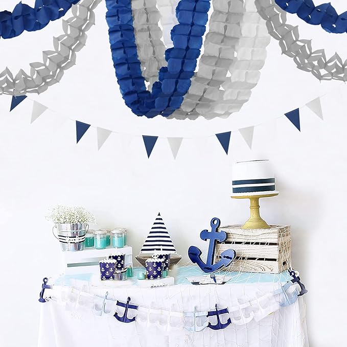 Navy-Blue White-Silver Party-Decorations Streamers Garland - 12pcs Royal Graduation 2025 4-Leaf Clover Paper Streamer Men Boy Birthday Wedding Bridal Shower Flower Banners Fathers Day Decor Ouruola