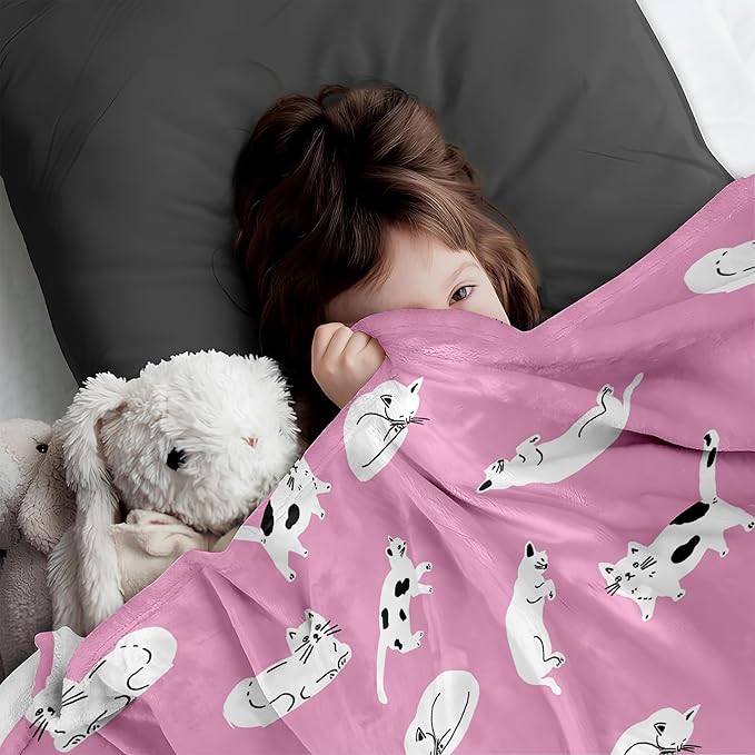 Cat Lover Flannel Blanket – 300GSM Soft Fleece Throw, Single-Sided Printed Cute Cat Design, Cozy & Lightweight for Sofa, Bed, Travel, Kids & Pets – Pink Kitty Theme Blanket