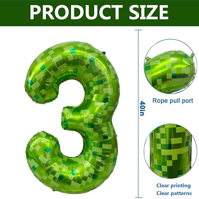 Green Number Balloons, Gaint Green Pixel Number 3 Balloon 40 Inch Dark green 3 Balloon for Boys Girls Kids 3rd Birthday Party Decoration